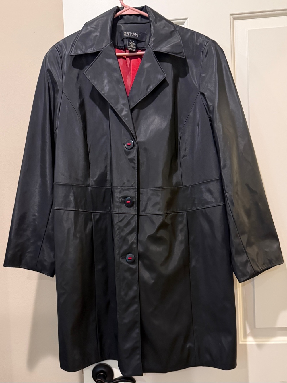Lane Bryant Long Black Faux Leather Coat with Red Lining